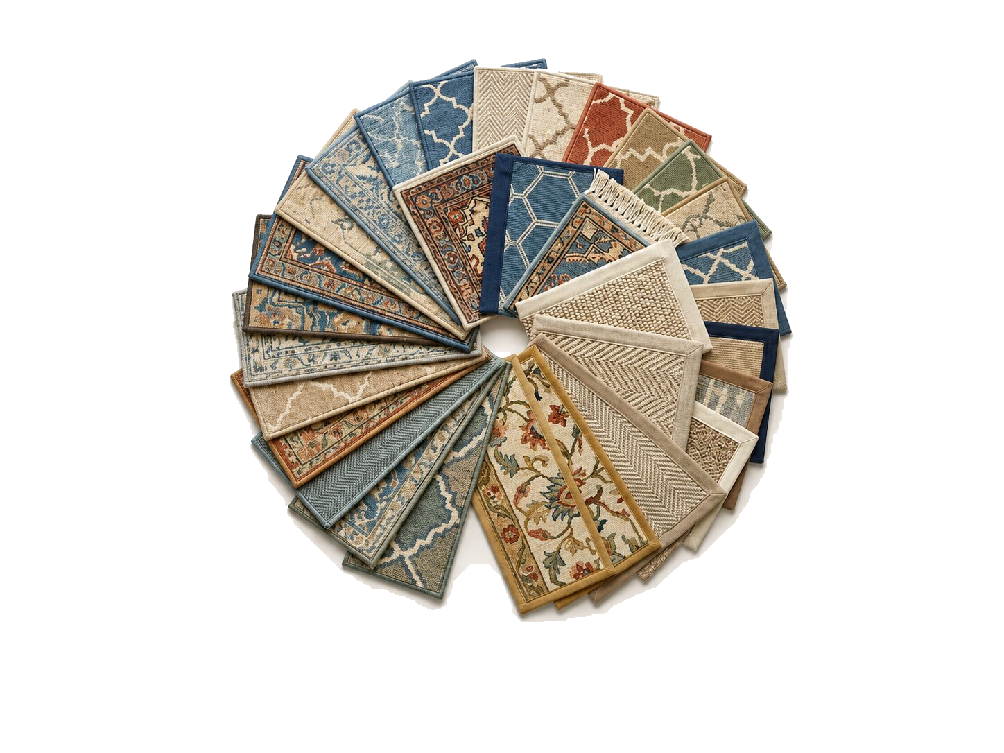 Premium wool area rug and stair runner samples showing various borders and bindings