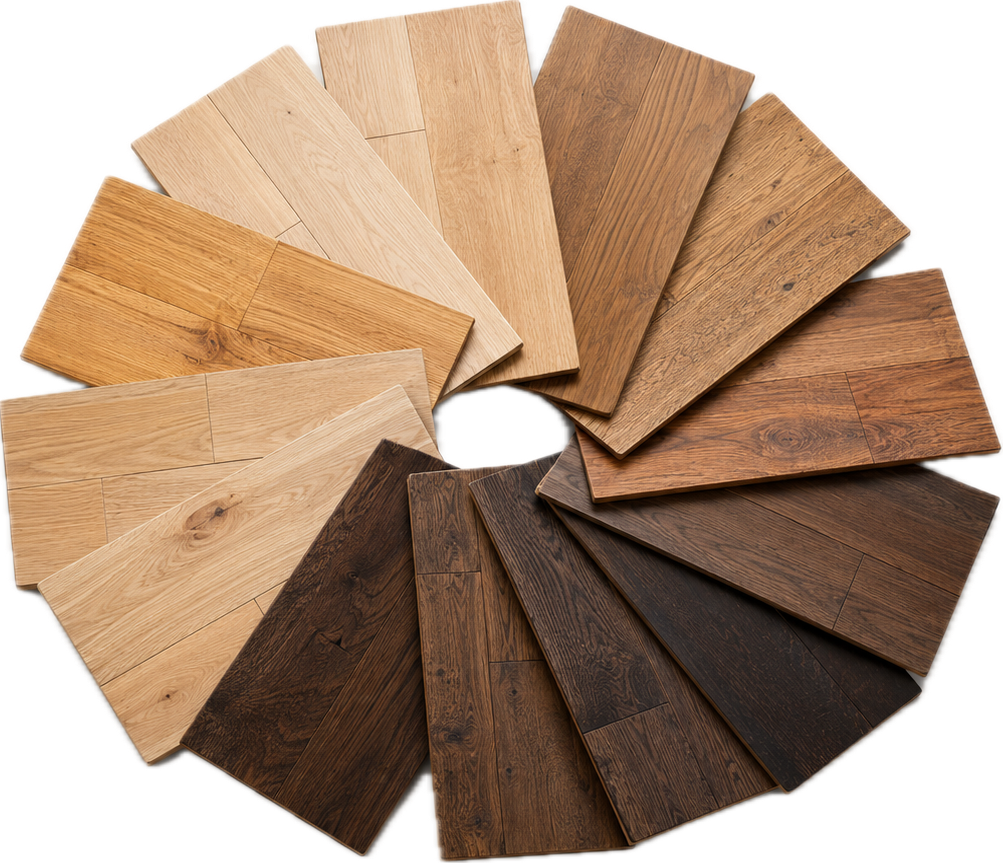 Hardwood finish sample boards in dark, red, brown, and natural tones at the showroom