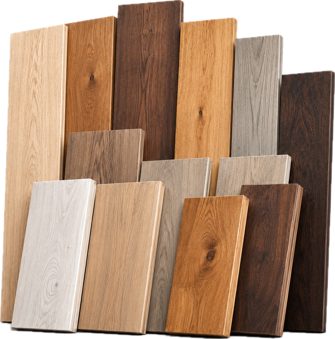 Hardwood finish sample boards in dark, red, brown, and natural tones at the showroom